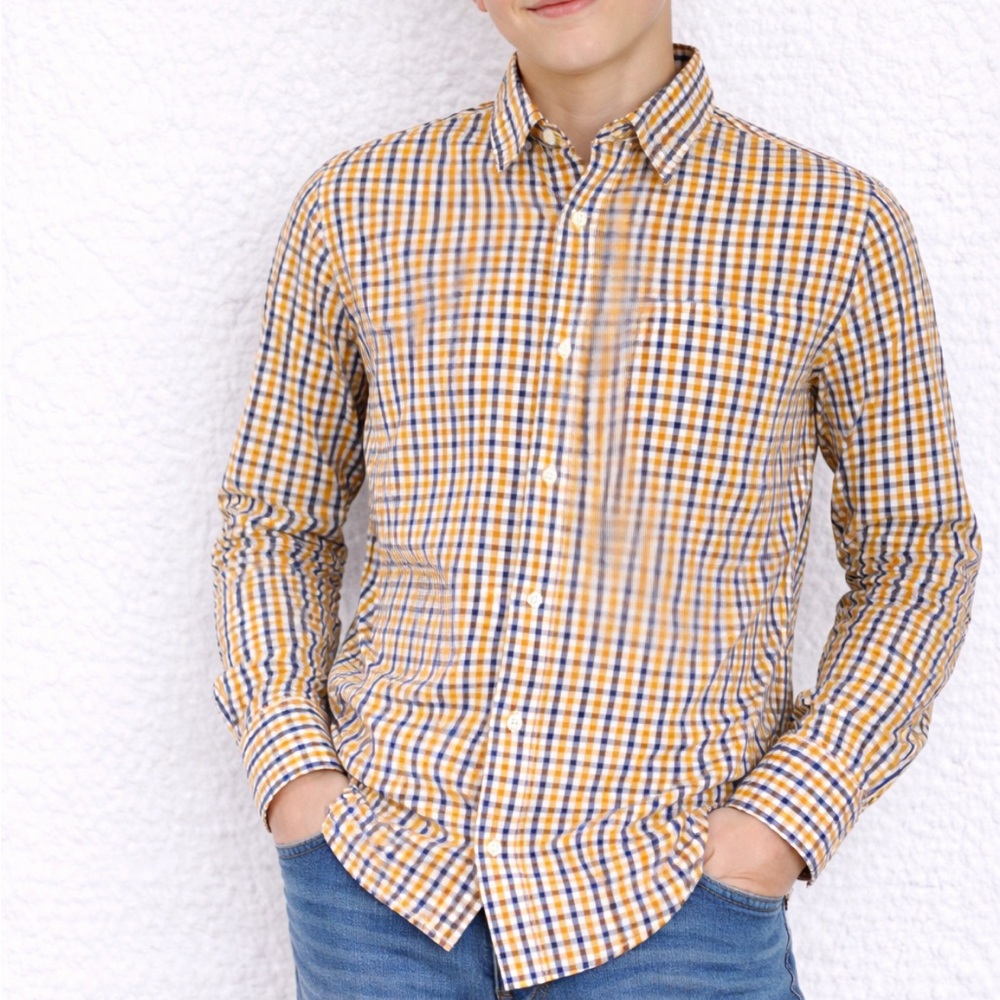 Gap Kids boy’s gold blue plaid print cotton button down dress shirt size XXL